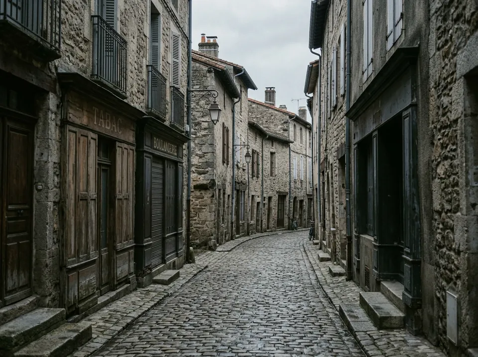 Calle estrecha de piedra de día, nublado