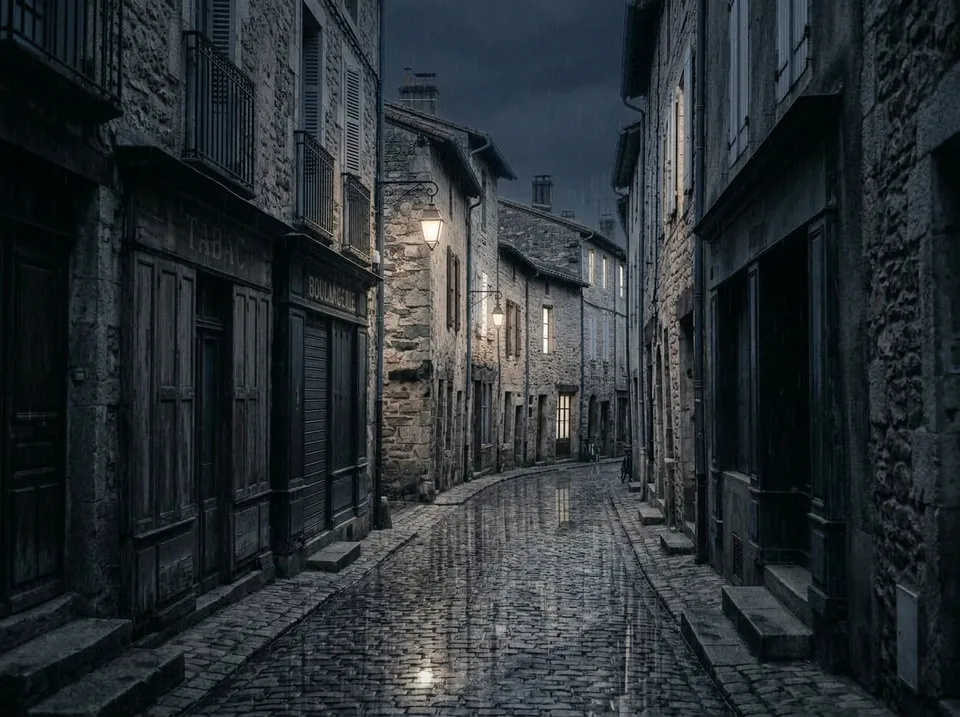 La misma calle de noche, con lluvia y las farolas encendidas