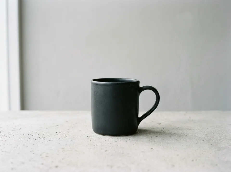 Taza negra sobre una mesa de hormigón